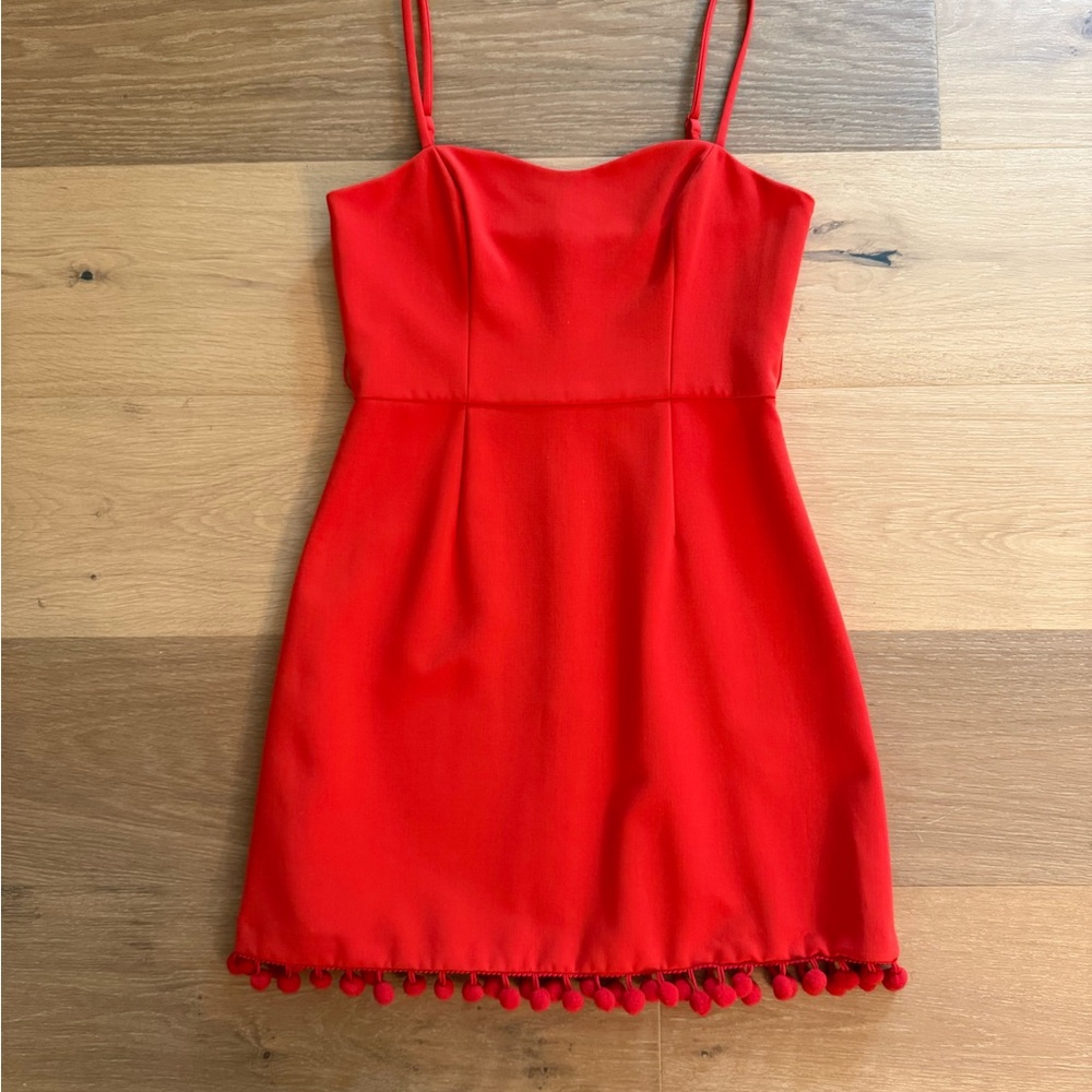 French Connection Red Mini Dress with Pom-Pom Hem